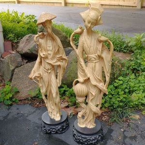 Vintage Japanese Man with Birds & Japanese Geisha Ivorine Resin Sculptures.